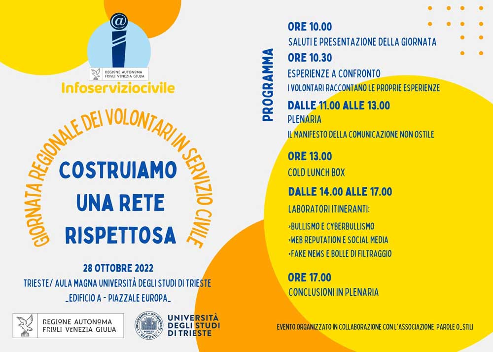 Infoserviziocivile FVG ha organizzato per il giorno 28 ottobre la Giornata regionale di incontro dei volontari in SCU